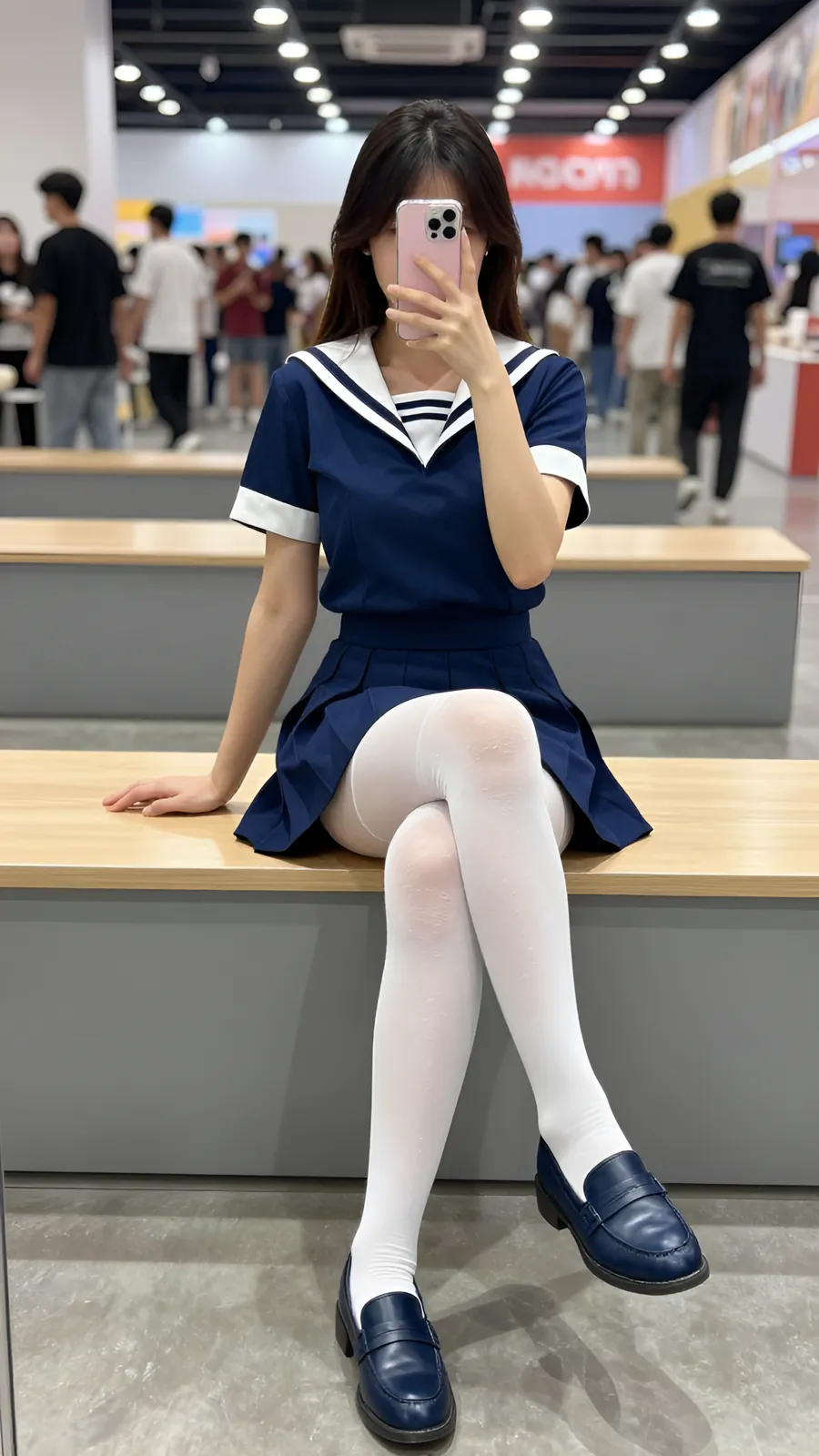 40D 纯白连裤袜 · 桌沿伸腿坐姿 visual reference