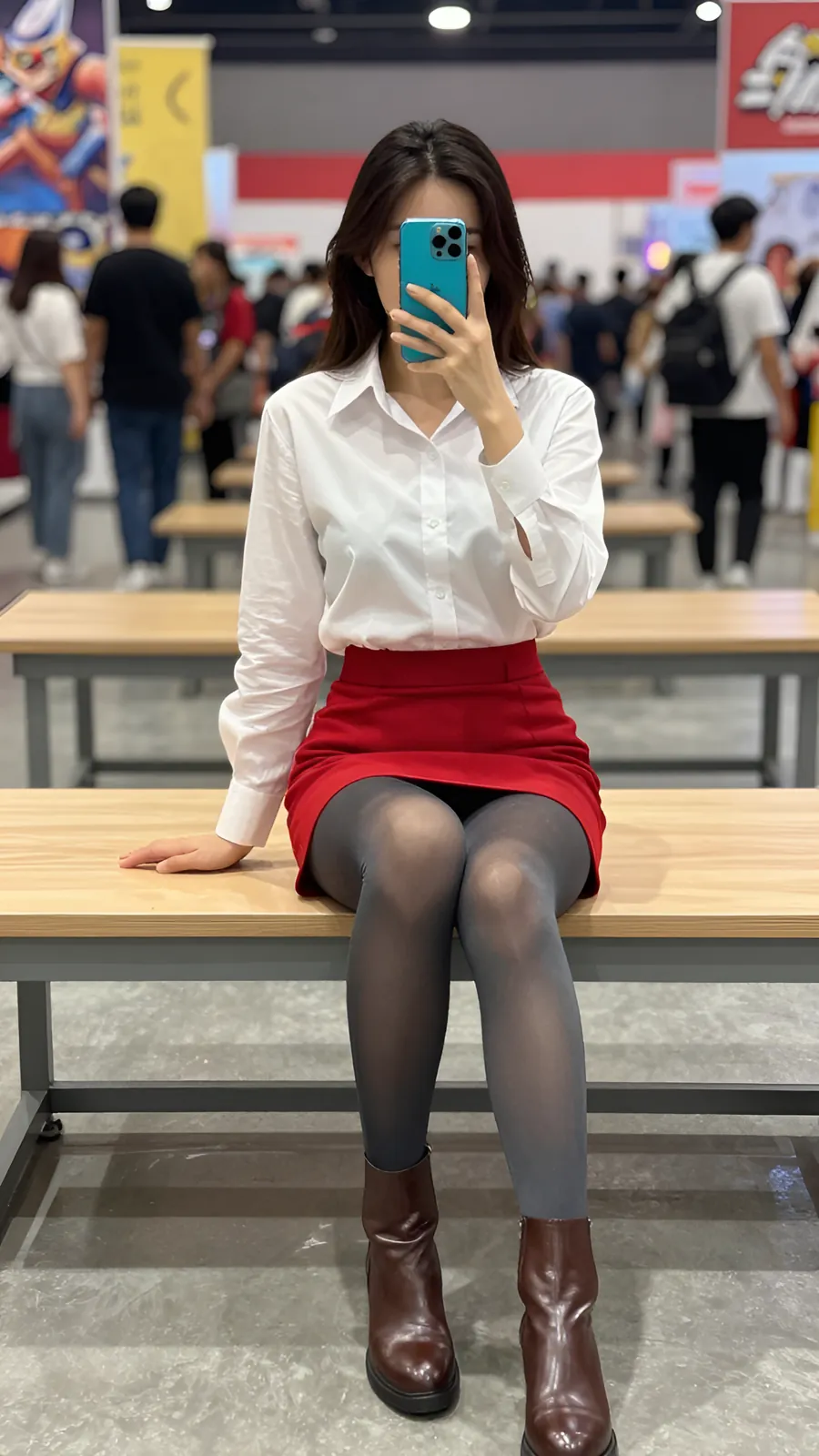 15D 烟灰连裤袜 · 桌沿伸腿坐姿 visual reference