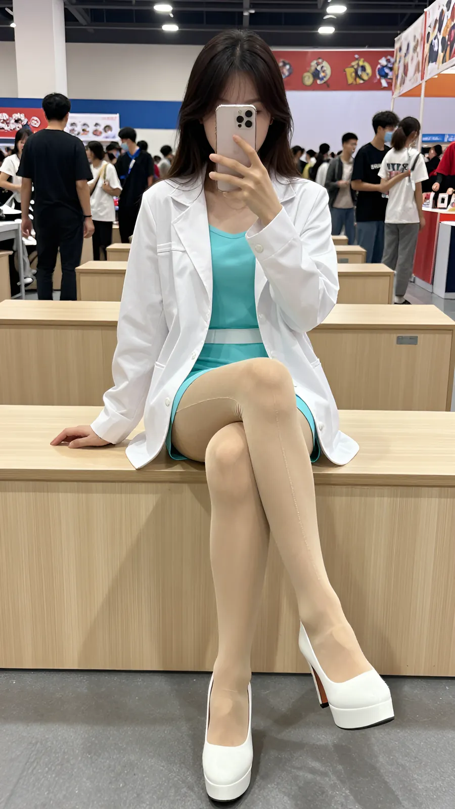 20D 炭灰连裤袜 · 桌沿伸腿坐姿 visual reference