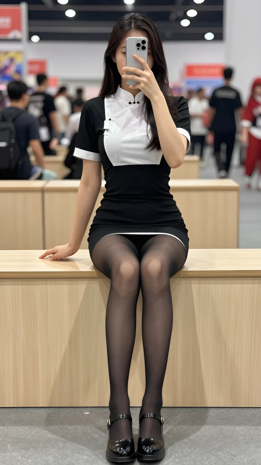 15D 纯黑连裤袜 · 桌沿伸腿坐姿 visual reference