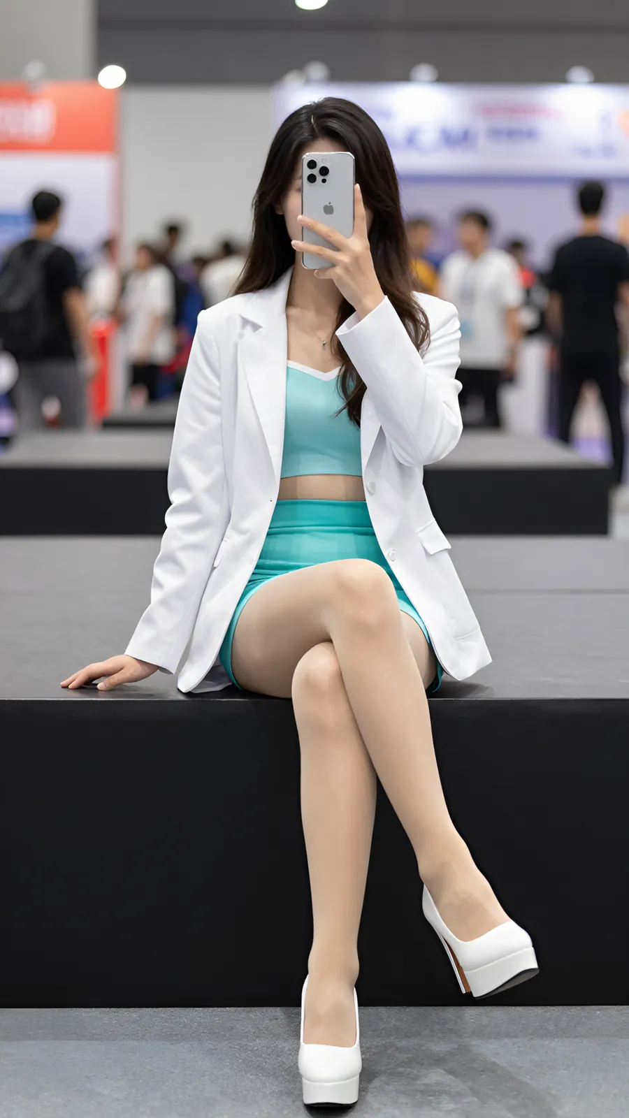12D 自然肤色连裤袜 · 桌沿伸腿坐姿 visual reference