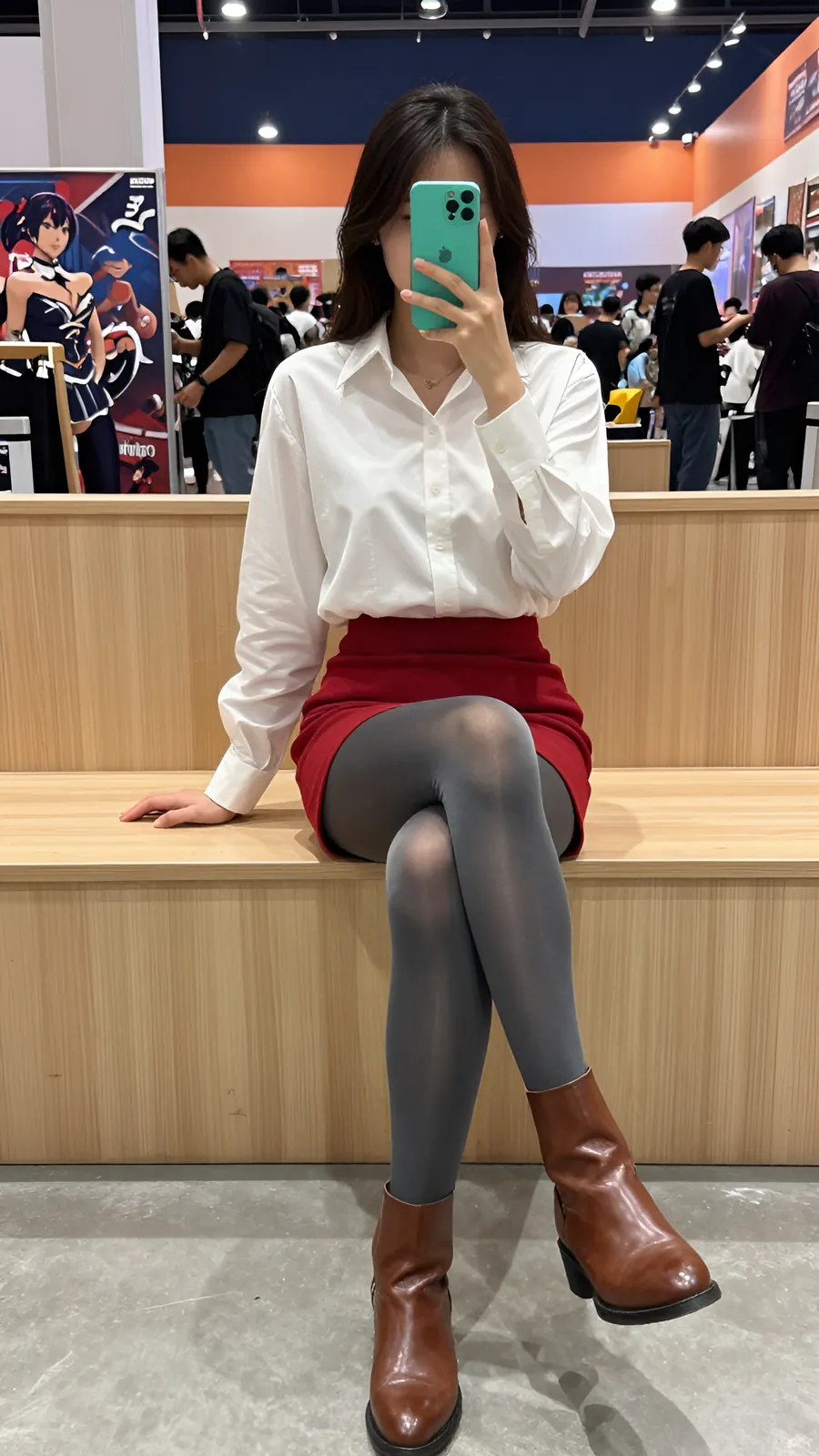 15D 烟灰连裤袜 · 桌沿伸腿坐姿 visual reference