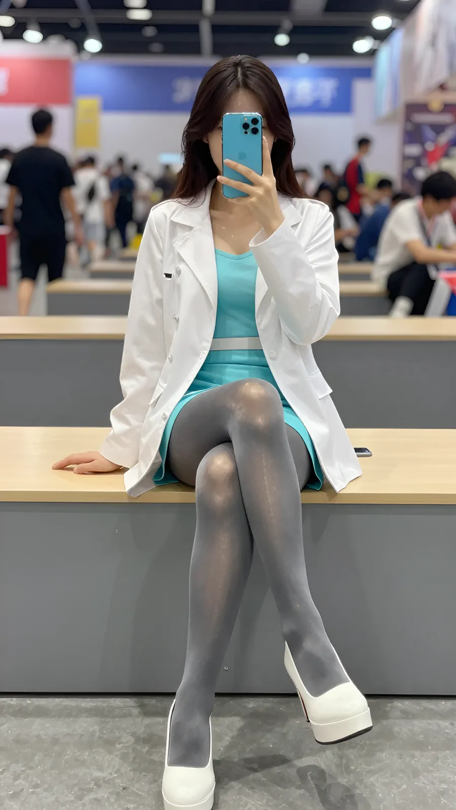 15D 烟灰连裤袜 · 桌沿伸腿坐姿 visual reference
