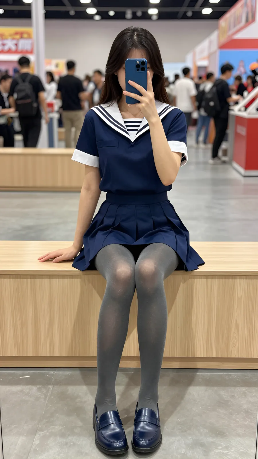 15D 烟灰连裤袜 · 桌沿伸腿坐姿 visual reference