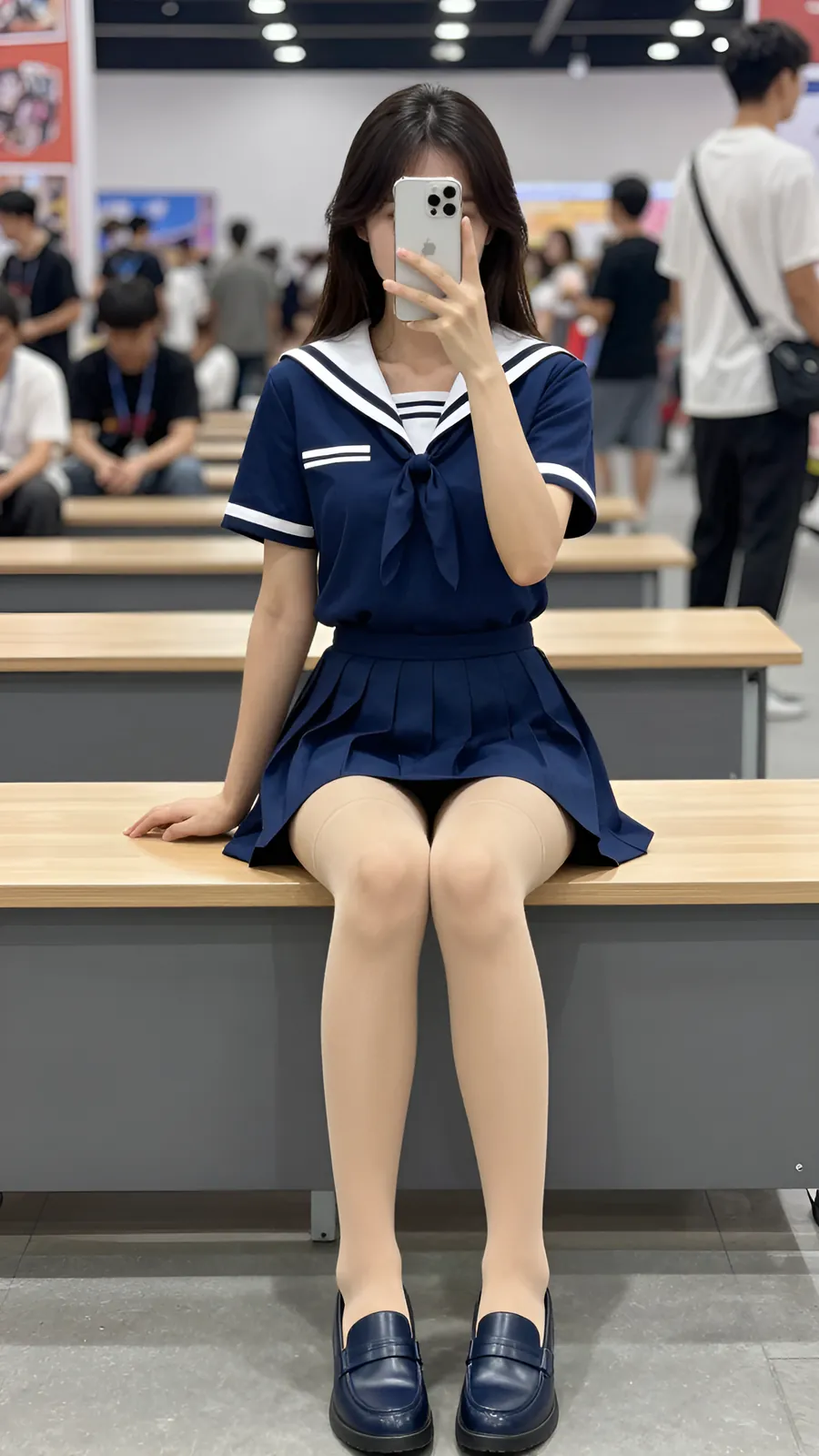 12D 自然肤色连裤袜 · 桌沿伸腿坐姿 visual reference