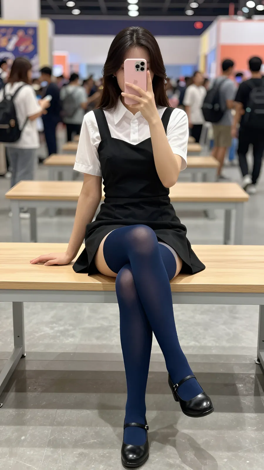 30D 海军蓝连裤袜 · 桌沿伸腿坐姿 visual reference