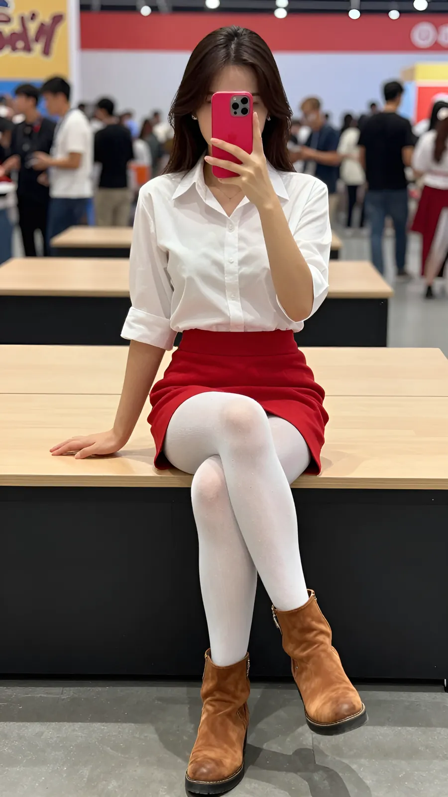 40D 纯白连裤袜 · 桌沿伸腿坐姿 visual reference