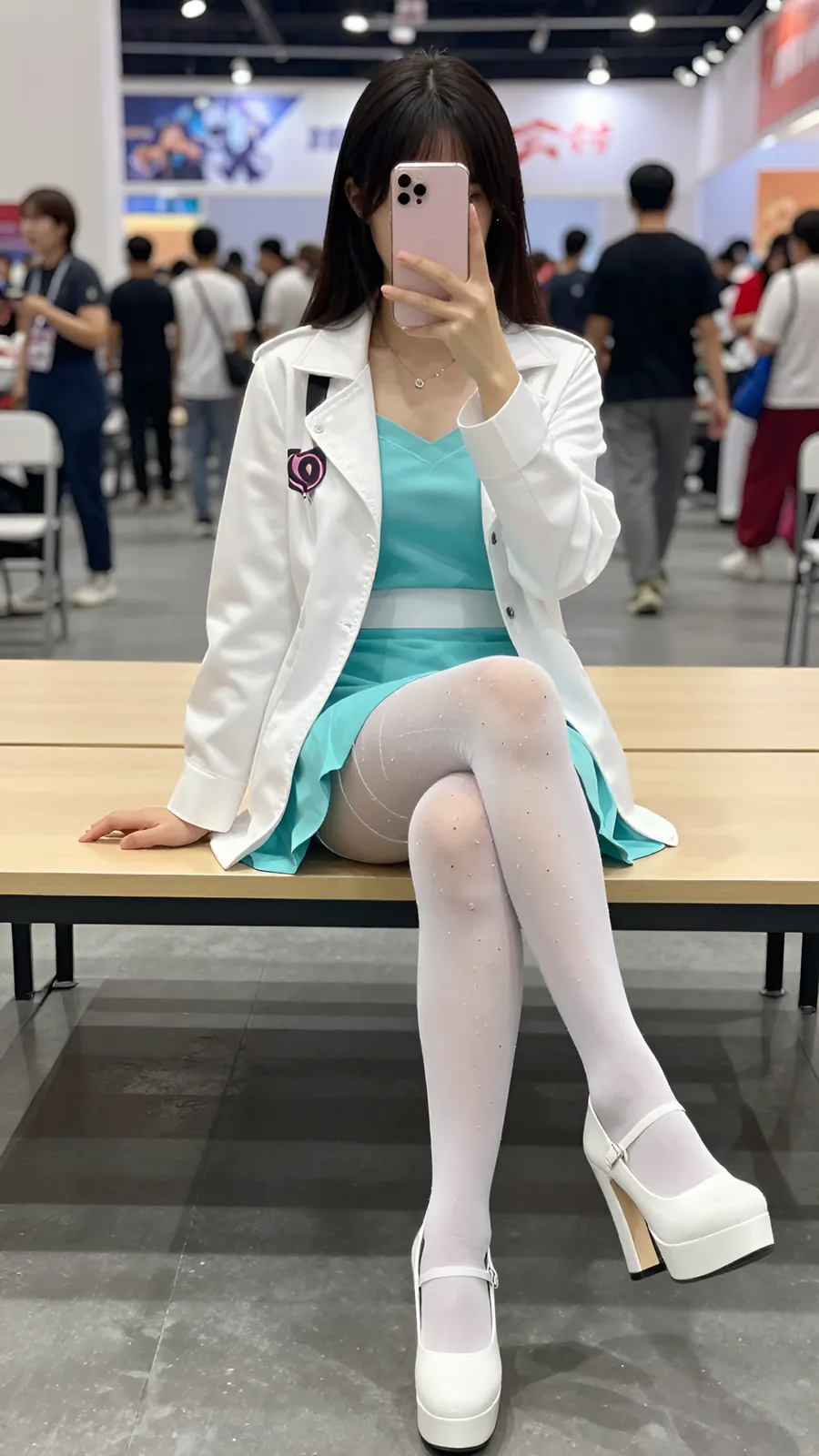 40D 纯白连裤袜 · 桌沿伸腿坐姿 visual reference