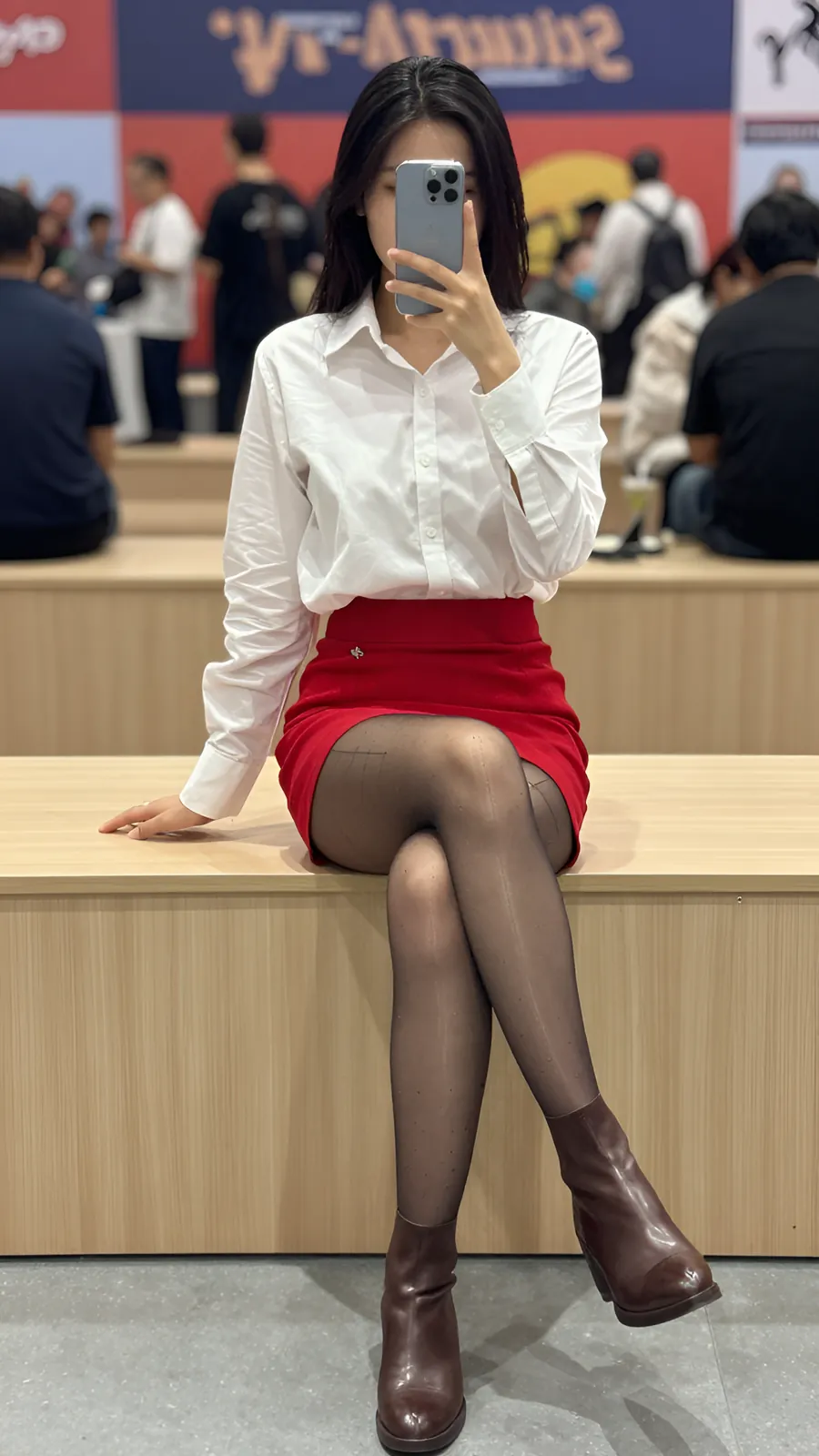 20D 炭灰连裤袜 · 桌沿伸腿坐姿 visual reference