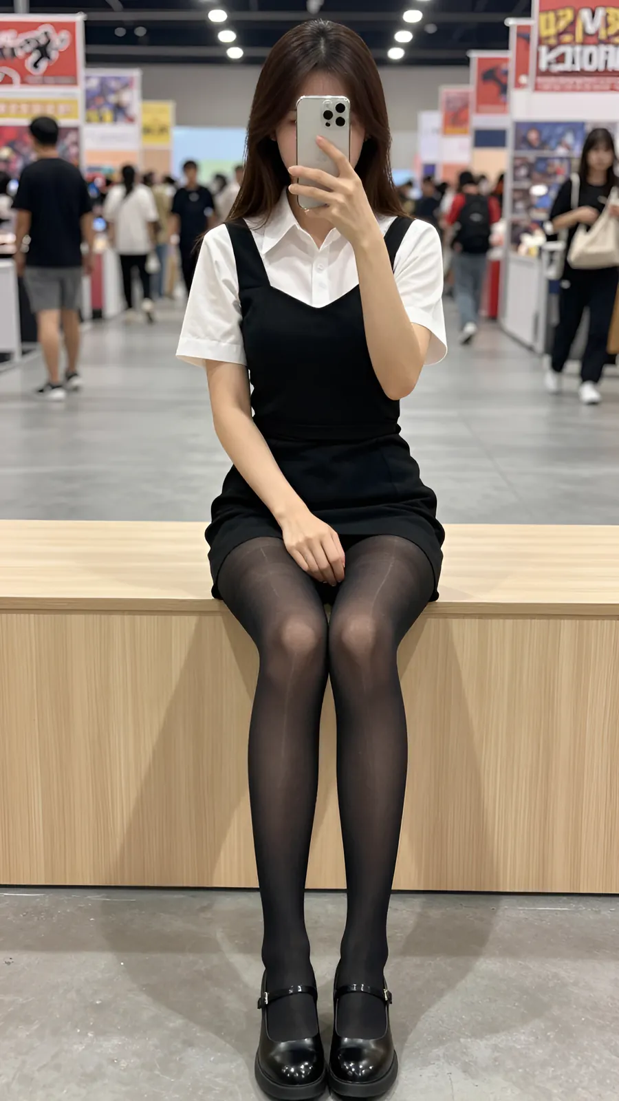15D 纯黑连裤袜 · 桌沿伸腿坐姿 visual reference