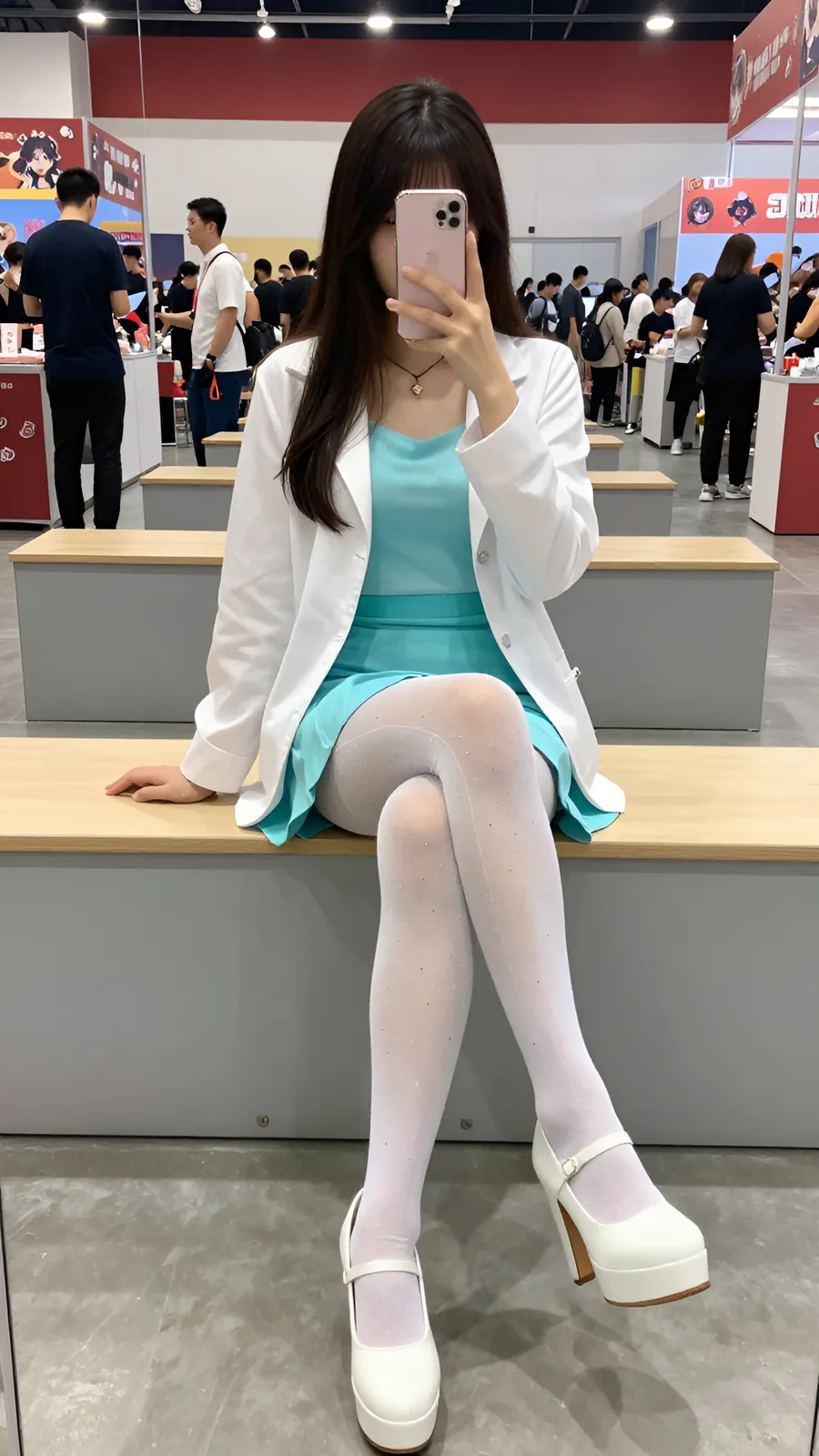40D 纯白连裤袜 · 桌沿伸腿坐姿 visual reference