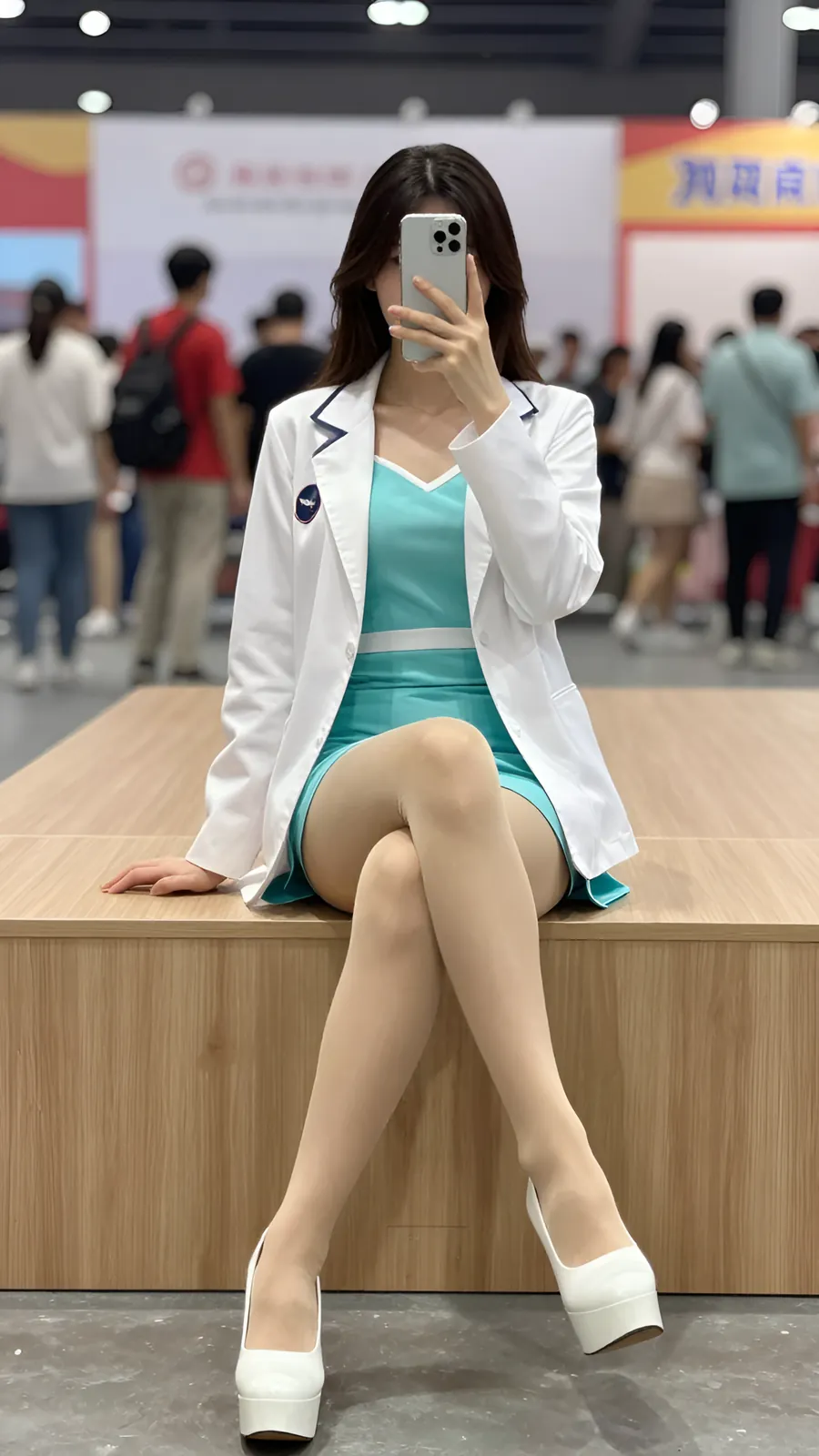 12D 自然肤色连裤袜 · 桌沿伸腿坐姿 visual reference