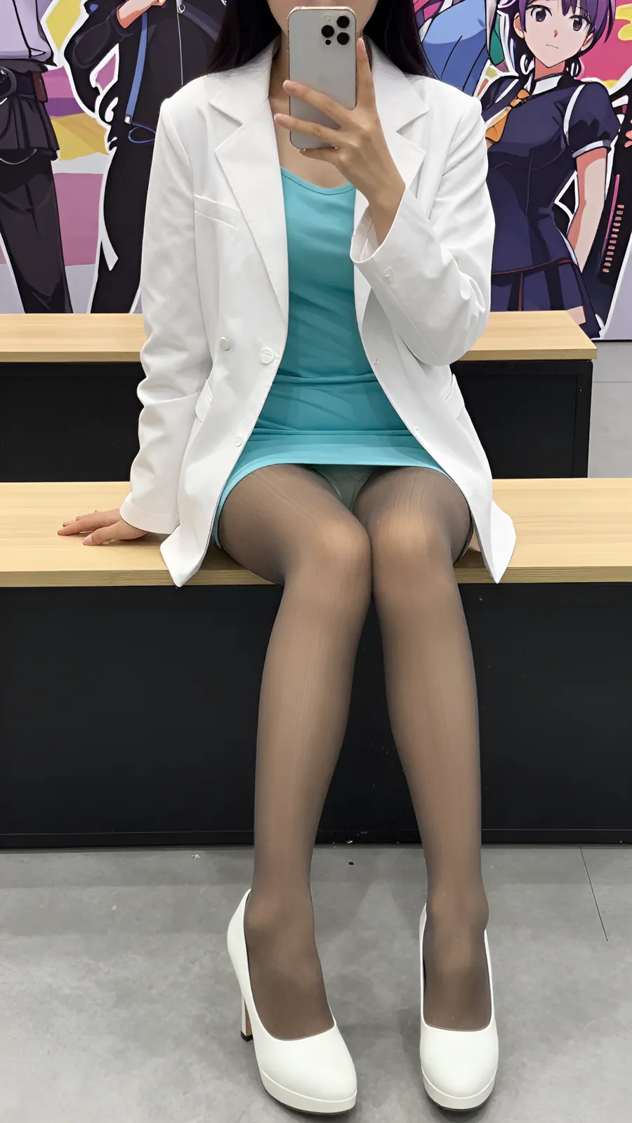 40D 咖啡棕连裤袜 · 桌沿伸腿坐姿 visual reference