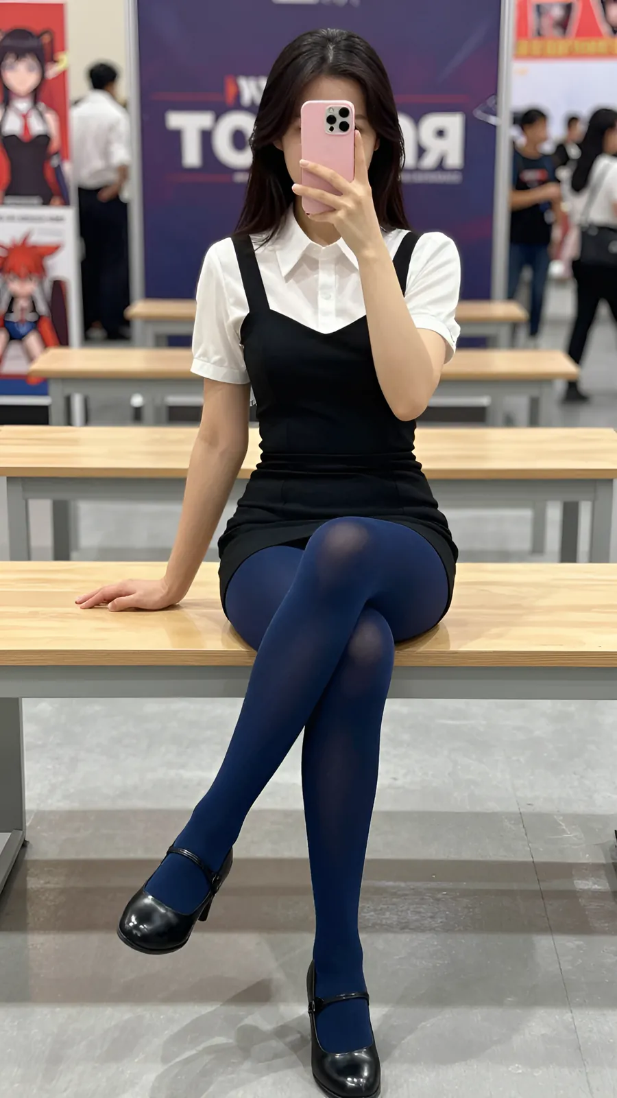 30D 海军蓝连裤袜 · 桌沿伸腿坐姿 visual reference
