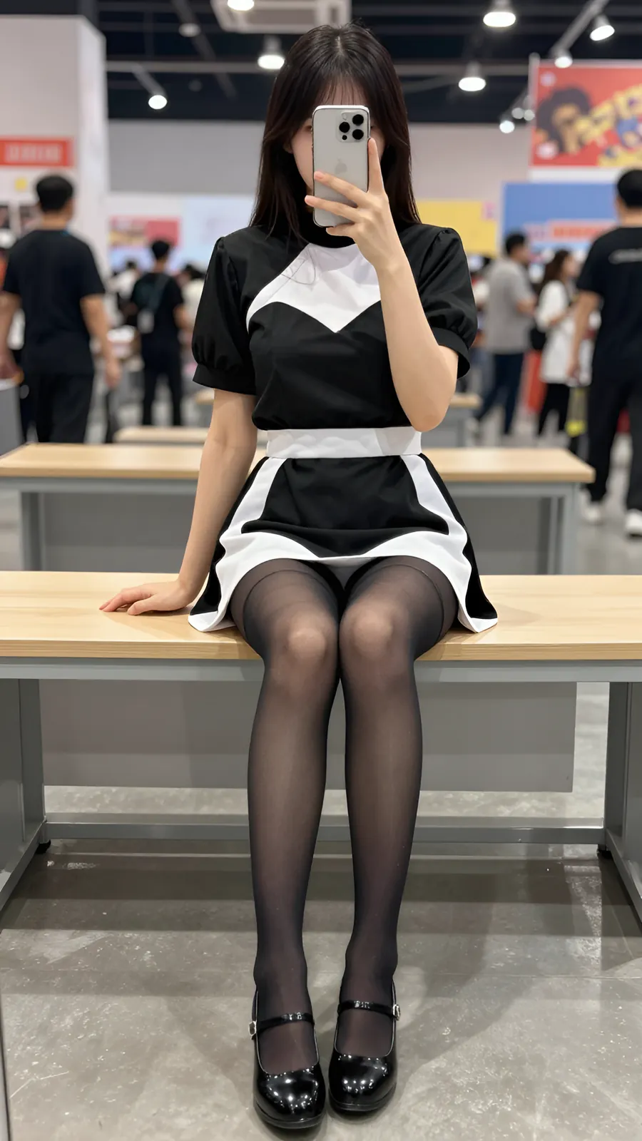 15D 纯黑连裤袜 · 桌沿伸腿坐姿 visual reference