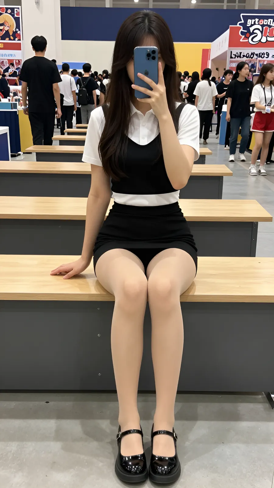 10D 自然肤色连裤袜 · 桌沿伸腿坐姿 visual reference