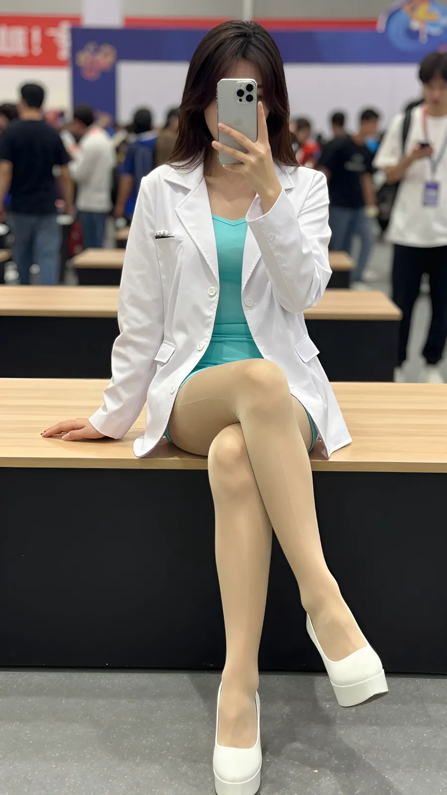 20D 炭灰连裤袜 · 桌沿伸腿坐姿 visual reference