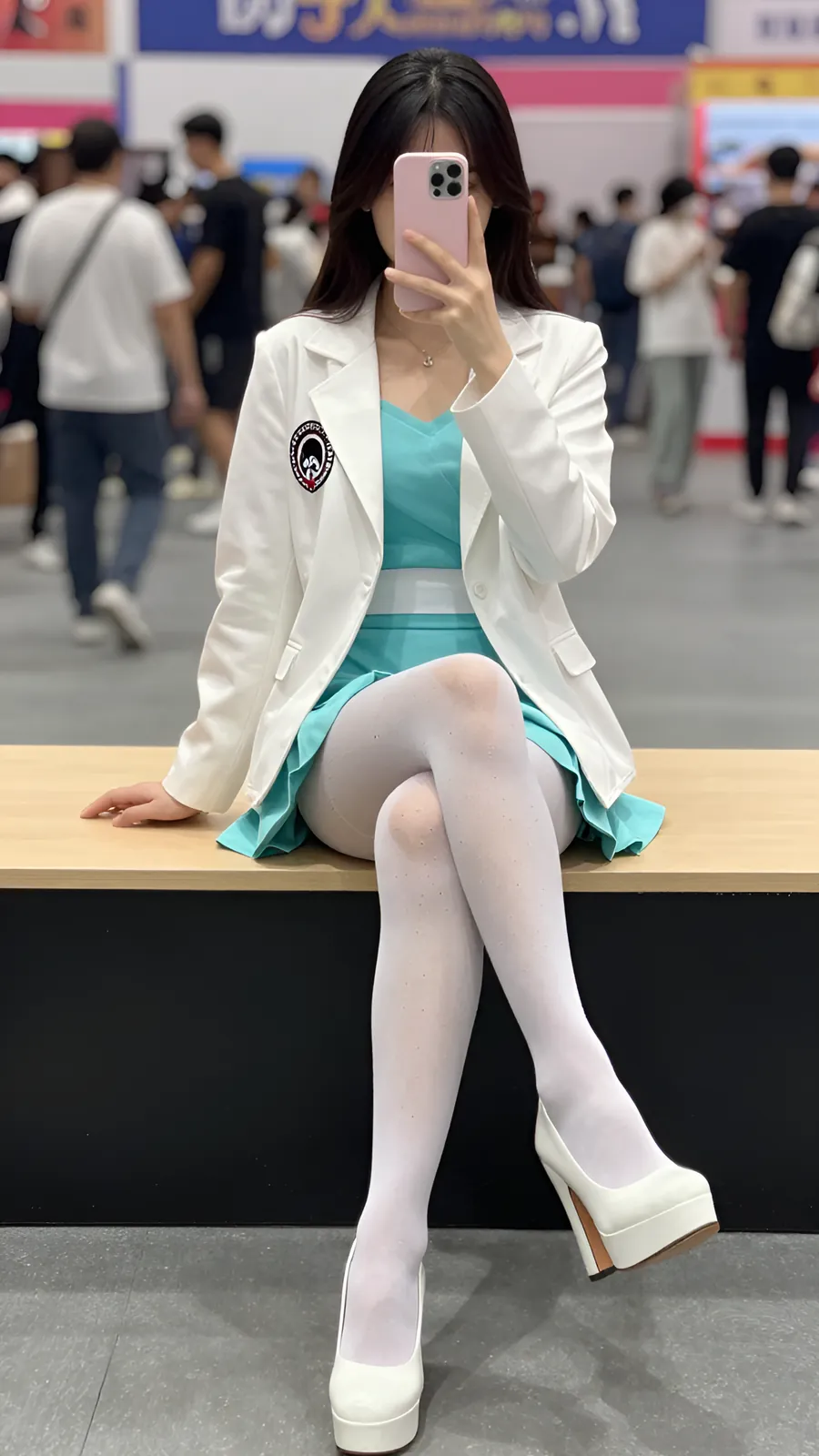 40D 纯白连裤袜 · 桌沿伸腿坐姿 visual reference