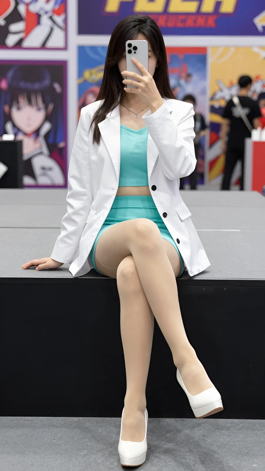 12D 自然肤色连裤袜 · 桌沿伸腿坐姿 visual reference