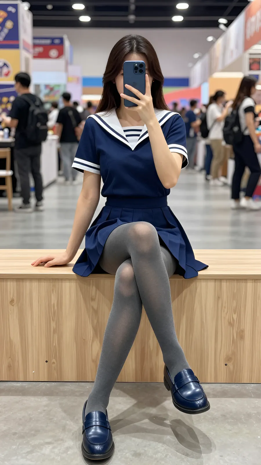 15D 烟灰连裤袜 · 桌沿伸腿坐姿 visual reference