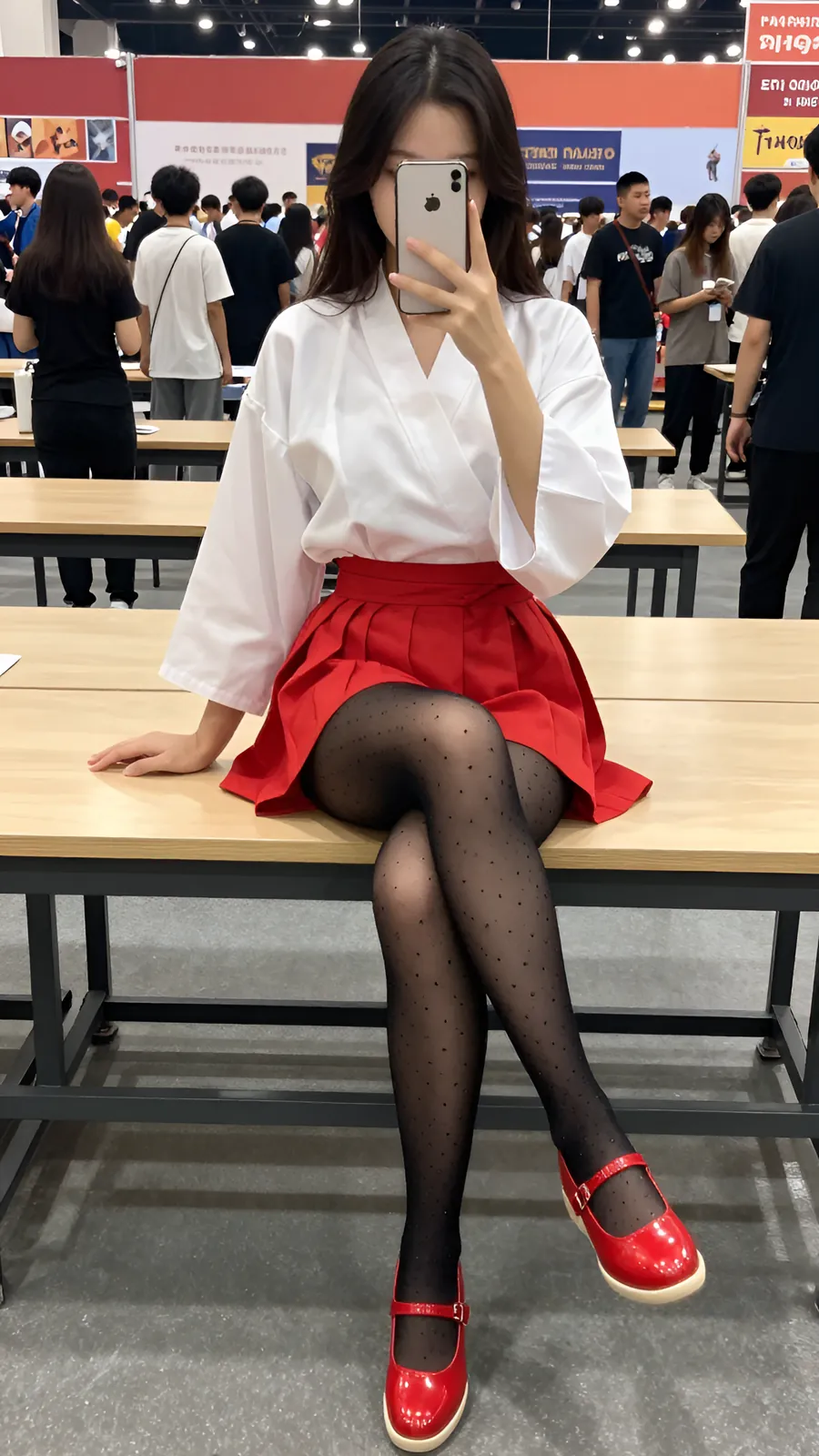 20D 纯黑连裤袜 · 桌沿伸腿坐姿 visual reference
