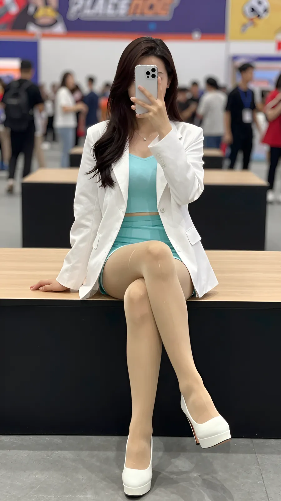 12D 自然肤色连裤袜 · 桌沿伸腿坐姿 visual reference