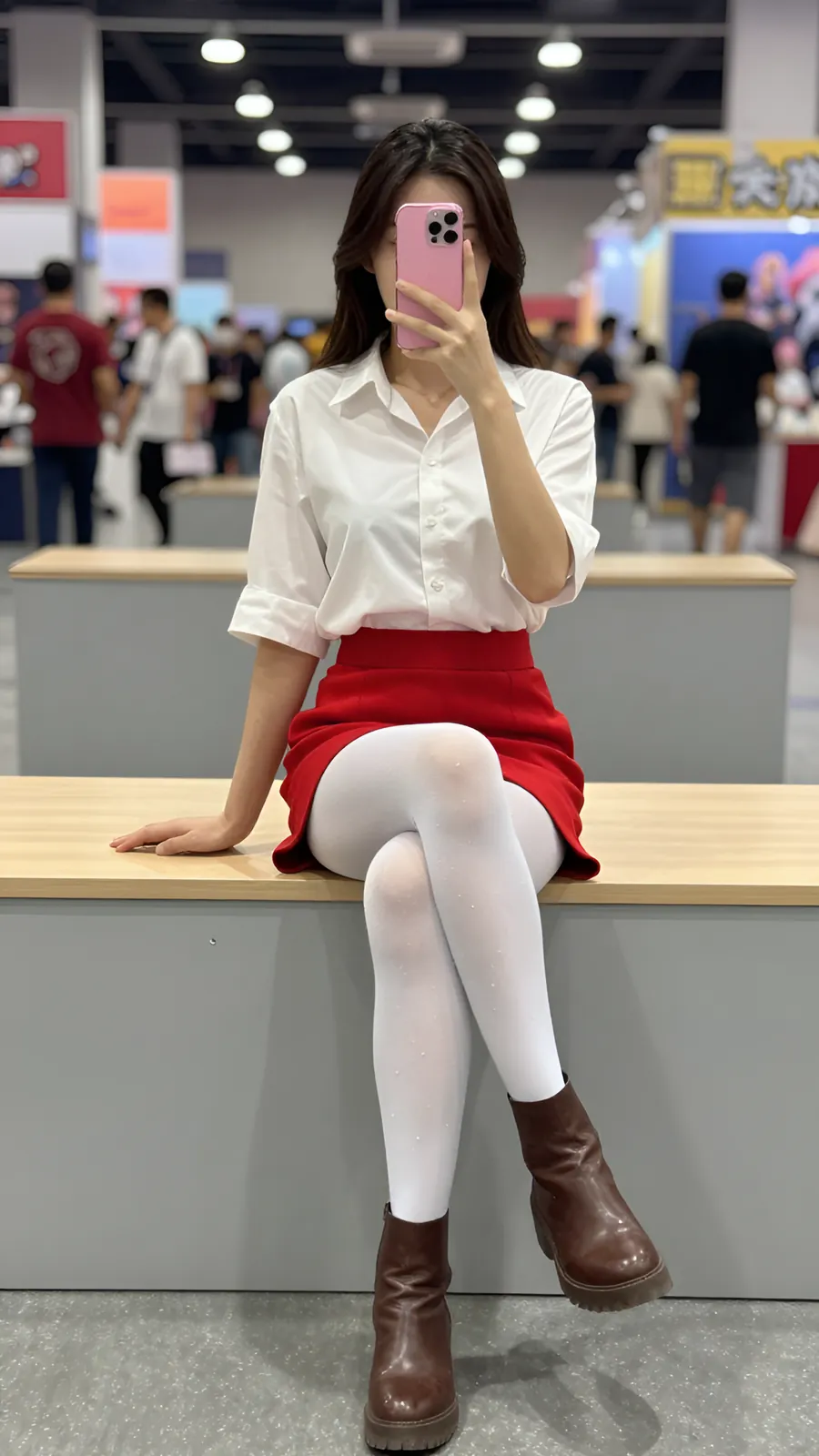 40D 纯白连裤袜 · 桌沿伸腿坐姿 visual reference