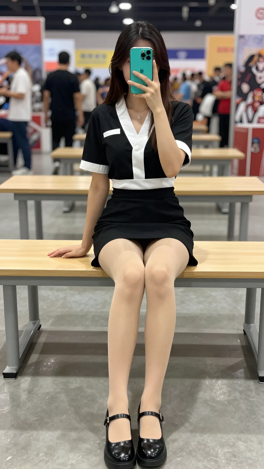 10D 自然肤色连裤袜 · 桌沿伸腿坐姿 visual reference
