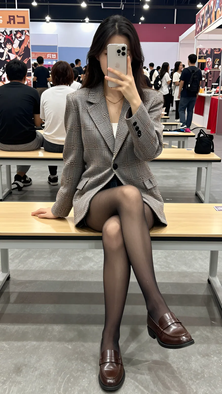 20D 炭灰连裤袜 · 桌沿伸腿坐姿 visual reference