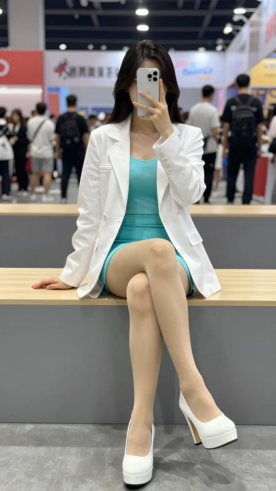 12D 自然肤色连裤袜 · 桌沿伸腿坐姿 visual reference