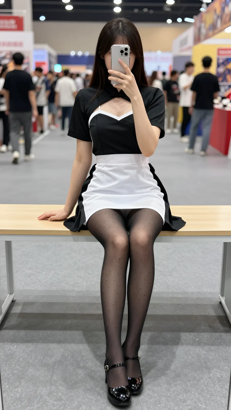 20D 纯黑连裤袜 · 桌沿伸腿坐姿 visual reference