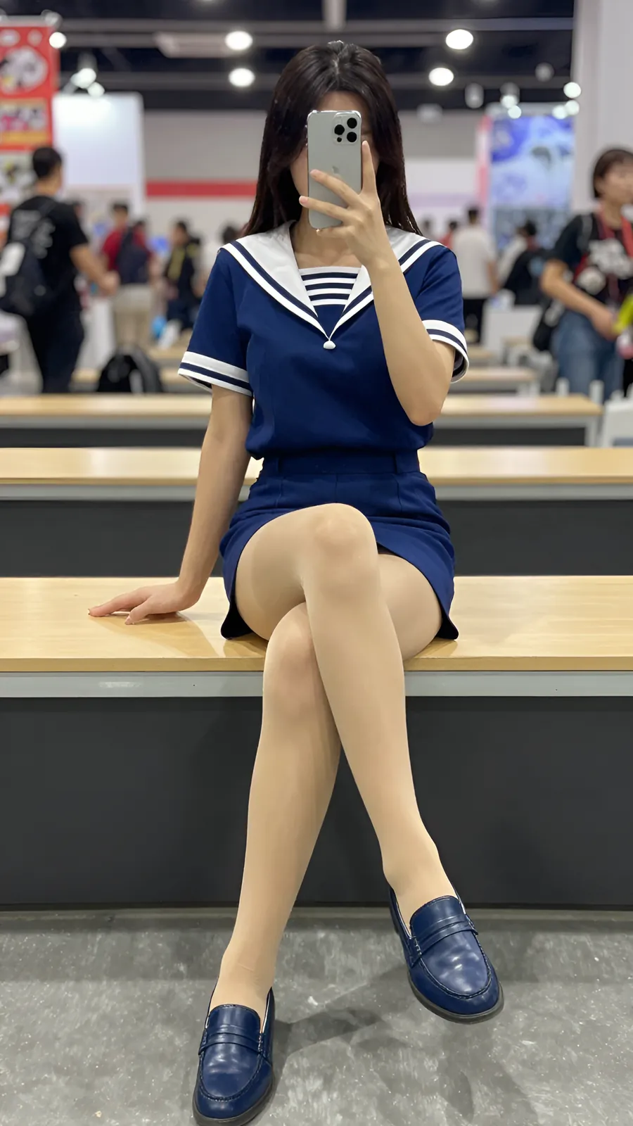12D 自然肤色连裤袜 · 桌沿伸腿坐姿 visual reference