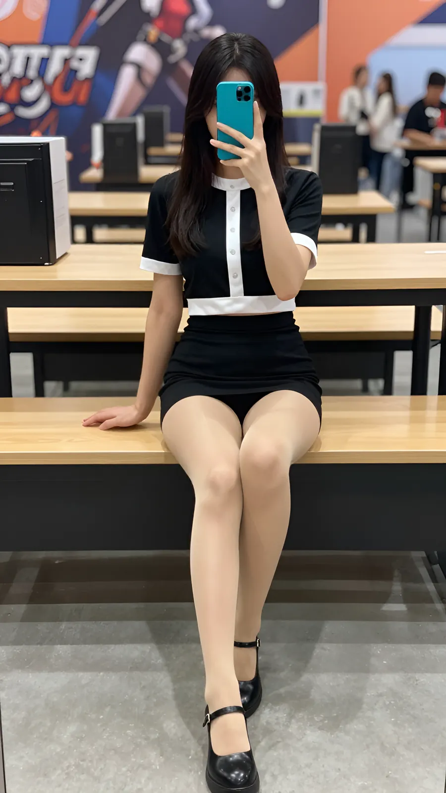 10D 自然肤色连裤袜 · 桌沿伸腿坐姿 visual reference