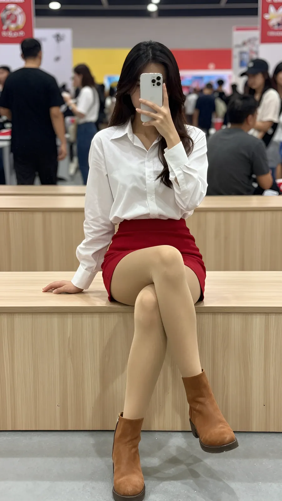 12D 自然肤色连裤袜 · 桌沿伸腿坐姿 visual reference