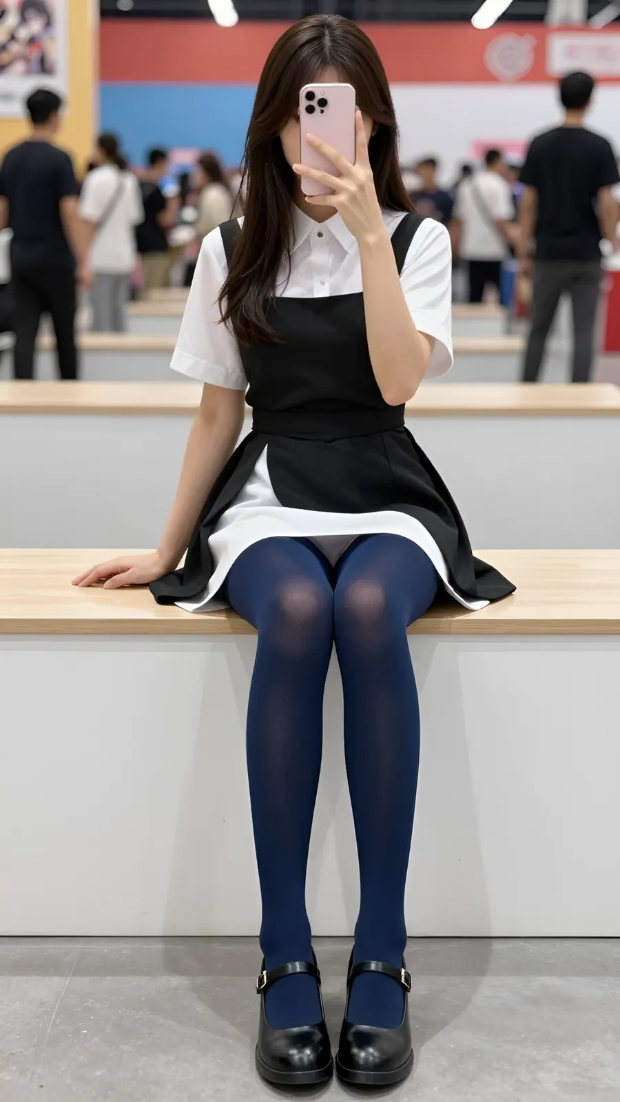 30D 海军蓝连裤袜 · 桌沿伸腿坐姿 visual reference
