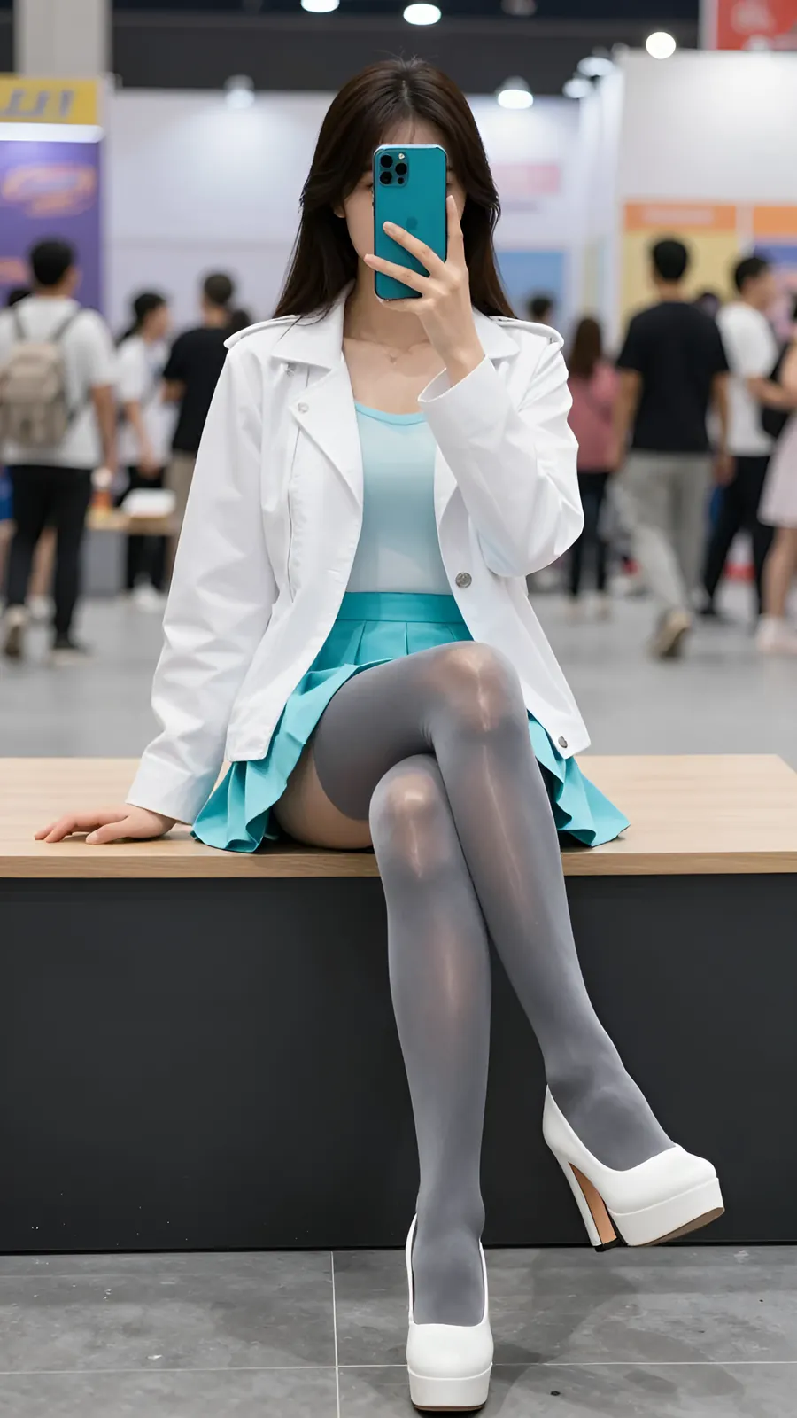 15D 烟灰连裤袜 · 桌沿伸腿坐姿 visual reference