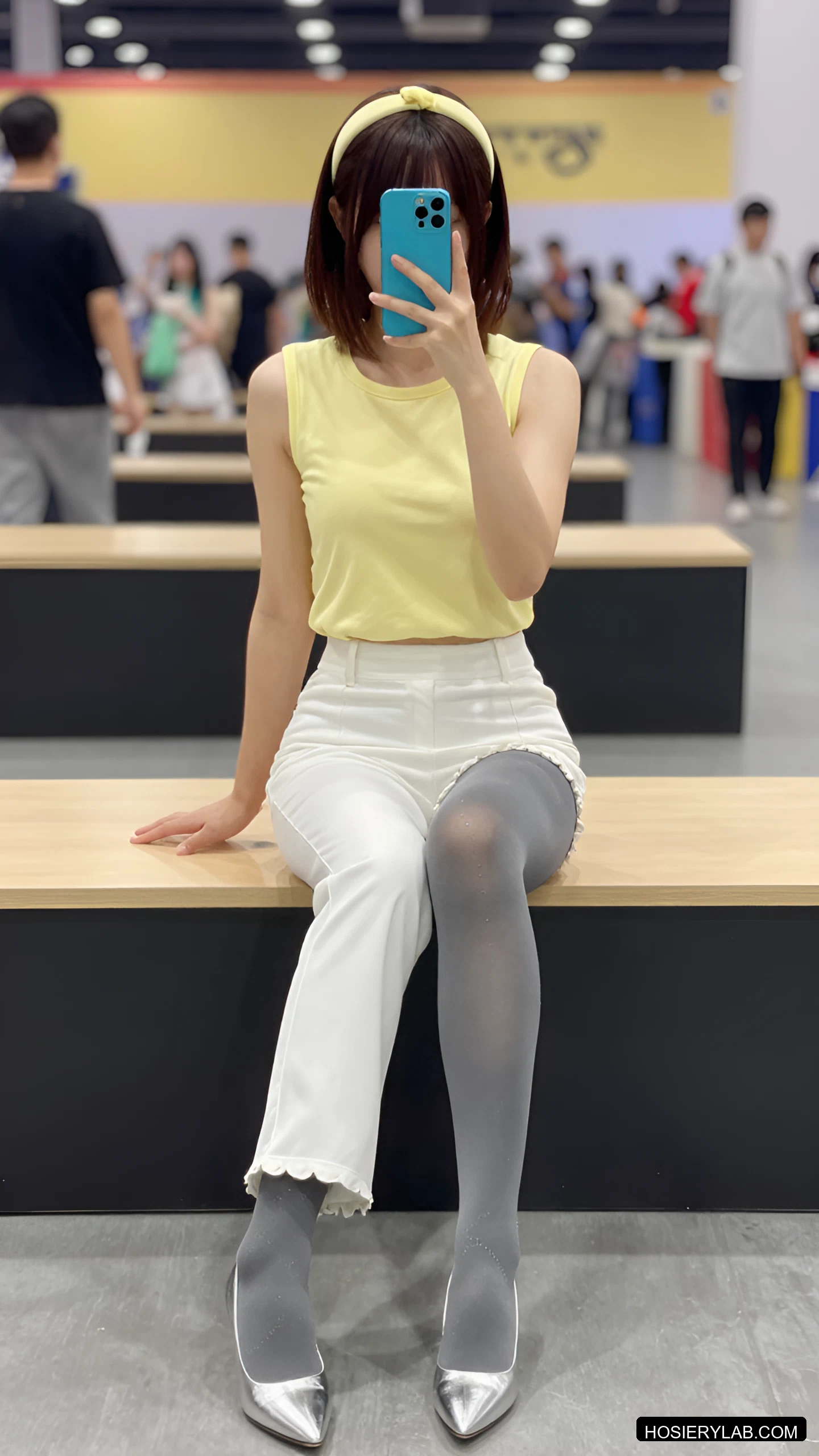 后缝线 缎光 30D 炭灰 大腿袜 visual reference