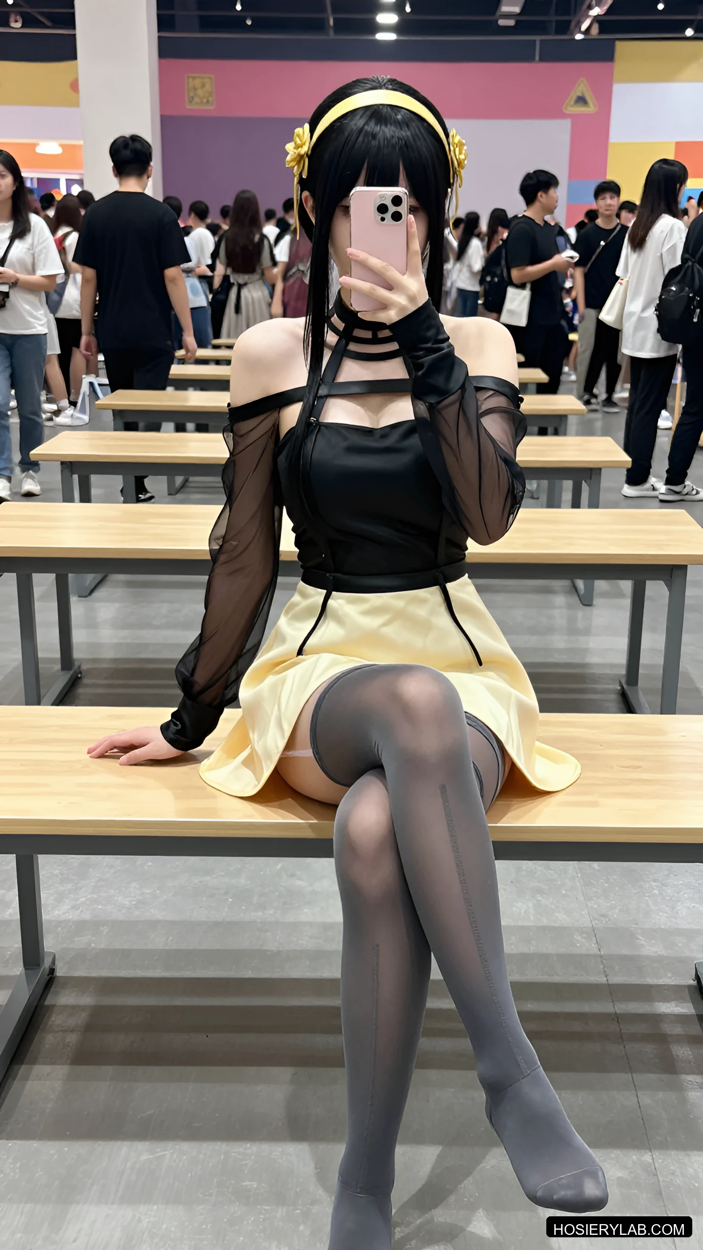 后缝线 网眼 30D 海军蓝 大腿袜 visual reference